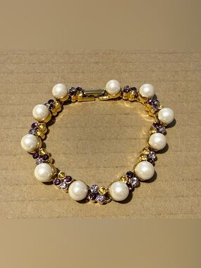 Gold Plated Glass Pearl and Purple Crystal Bracelet